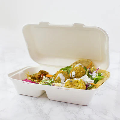9" x 6" Bagasse Clamshell - 2 Compartment - White