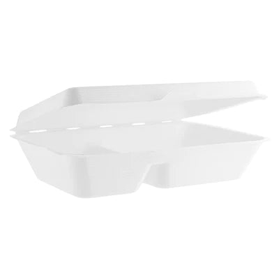 9" x 6" Bagasse Clamshell - 2 Compartment - White