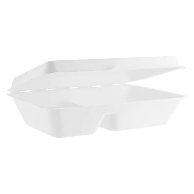 9&quot; x 6&quot; Bagasse Clamshell - 2 Compartment - White