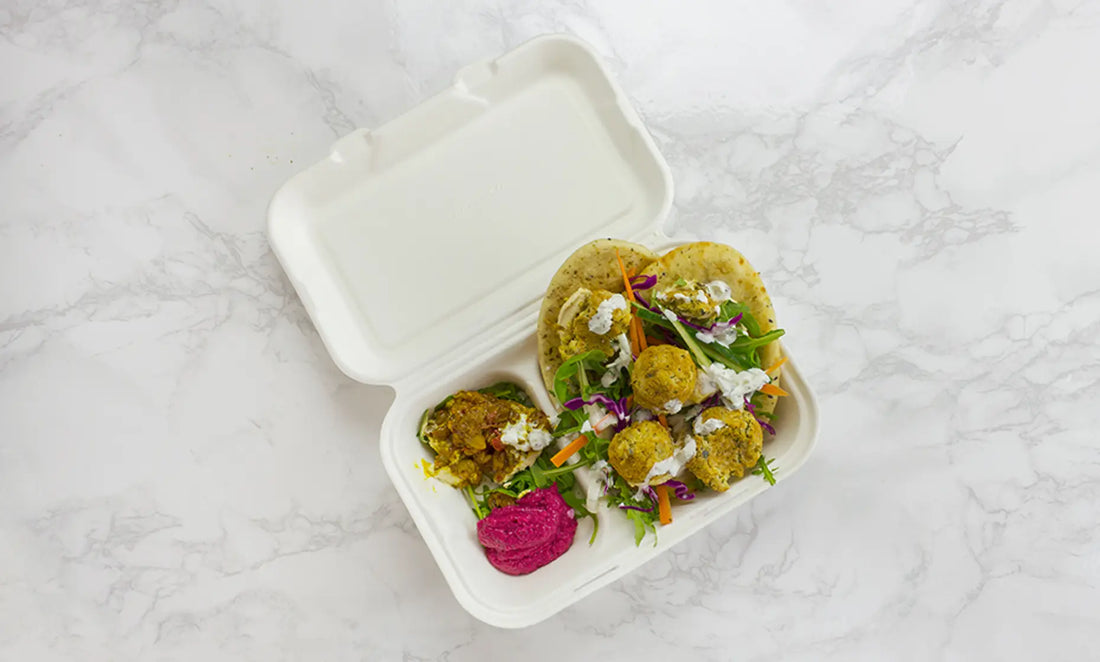 9" x 6" Bagasse Clamshell - 2 Compartment - White